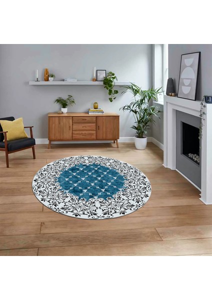 Dijital Kaymaz Taban Yıkanabilir Yuvarlak Klasik Desen Mutfak Salon Halısı, V-Y-Klasik-04-Mavi,