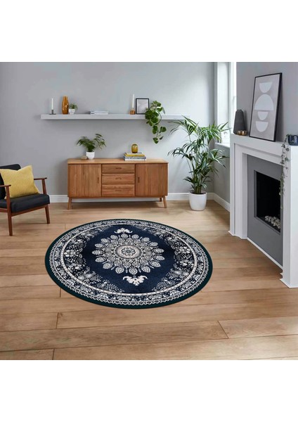 Dijital Kaymaz Taban Yıkanabilir Yuvarlak Klasik Desen Mutfak Salon Halısı, V-Y-Klasik-13-Mavi,