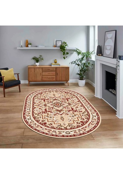 Dijital Kaymaz Taban Yıkanabilir Oval Klasik Desen Yolluk Salon Halısı, V-O-Klasik-10-Bordo,