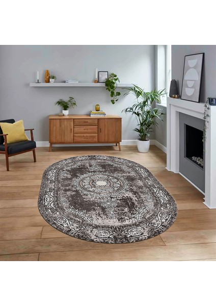 Dijital Kaymaz Taban Yıkanabilir Oval Klasik Desen Yolluk Salon Halısı, V-O-Klasik-25-Vizon,