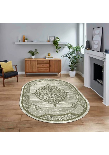 Dijital Kaymaz Taban Yıkanabilir Oval Klasik Desen Yolluk Salon Halısı, V-O-Klasik-15-Yeşil,