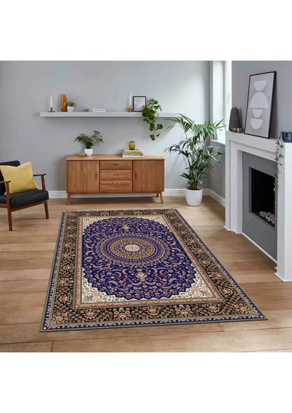 Dijital Baskılı Kaymaz Taban Yıkanabilir Klasik Desen Yolluk Salon Halısı, V-Klasik-21-Lacivert,