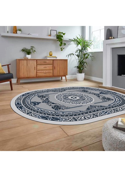 Dijital Kaymaz Taban Yıkanabilir Oval Klasik Desen Yolluk Salon Halısı, V-O-Klasik-17-Lacivert, fiyatları