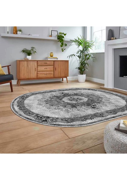 Dijital Kaymaz Taban Yıkanabilir Oval Klasik Desen Yolluk Salon Halısı, V-O-Klasik-29-Gri, fiyatları