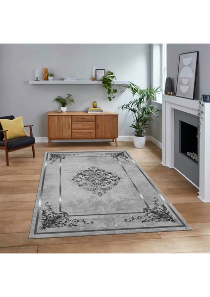Dijital Baskılı Kaymaz Taban Yıkanabilir Klasik Desen Yolluk Salon Halısı, V-Klasik-05-Gri,