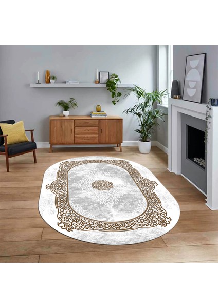 Dijital Kaymaz Taban Yıkanabilir Oval Klasik Desen Yolluk Salon Halısı, V-O-Klasik-20-Kahve,
