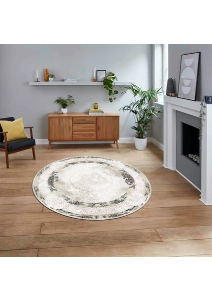 Dijital Kaymaz Taban Yıkanabilir Yuvarlak Klasik Desen Mutfak Salon Halısı, V-Y-Klasik-01-Vizon,
