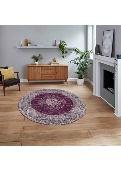 Dijital Kaymaz Taban Yıkanabilir Yuvarlak Klasik Desen Mutfak Salon Halısı, V-Y-Klasik-07-Mor,