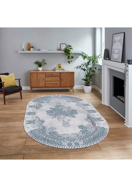 Dijital Kaymaz Taban Yıkanabilir Oval Klasik Desen Yolluk Salon Halısı, V-O-Klasik-22-Mavi,