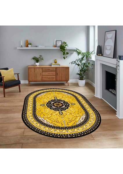 Dijital Kaymaz Taban Yıkanabilir Oval Klasik Desen Yolluk Salon Halısı, V-O-Klasik-26-Sarı,