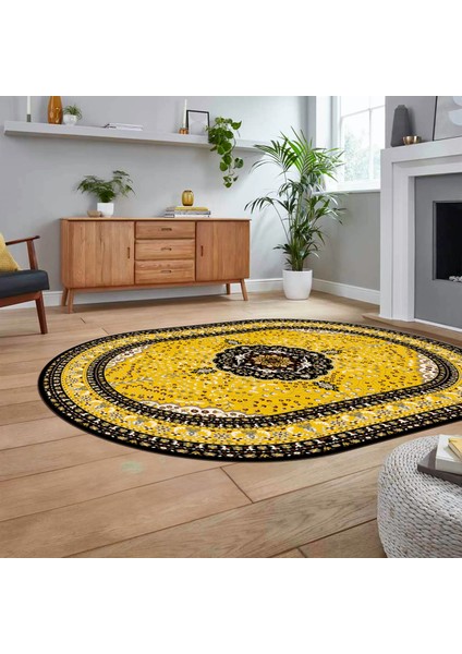 Dijital Kaymaz Taban Yıkanabilir Oval Klasik Desen Yolluk Salon Halısı, V-O-Klasik-26-Sarı, fiyatları