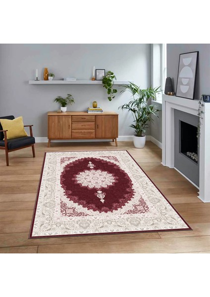 Dijital Baskılı Kaymaz Taban Yıkanabilir Klasik Desen Yolluk Salon Halısı, V-Klasik-03-Bordo,