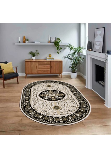 Dijital Kaymaz Taban Yıkanabilir Oval Klasik Desen Yolluk Salon Halısı, V-O-Klasik-27-Siyah,