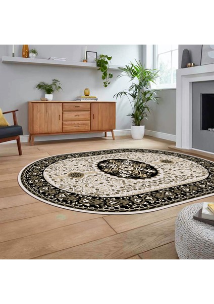 Dijital Kaymaz Taban Yıkanabilir Oval Klasik Desen Yolluk Salon Halısı, V-O-Klasik-27-Siyah, fiyatları