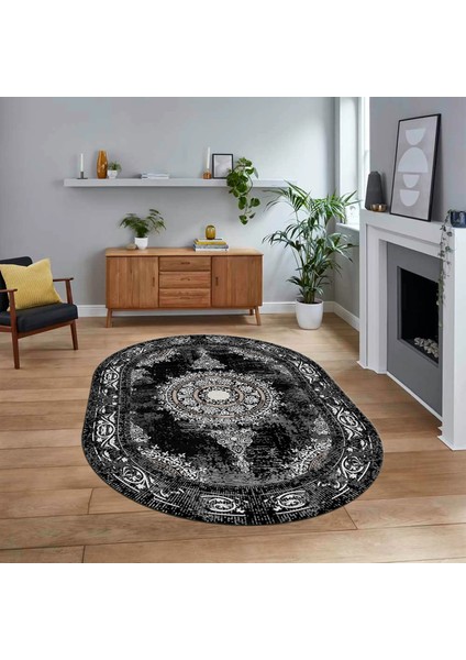 Dijital Kaymaz Taban Yıkanabilir Oval Klasik Desen Yolluk Salon Halısı, V-O-Klasik-25-Siyah,