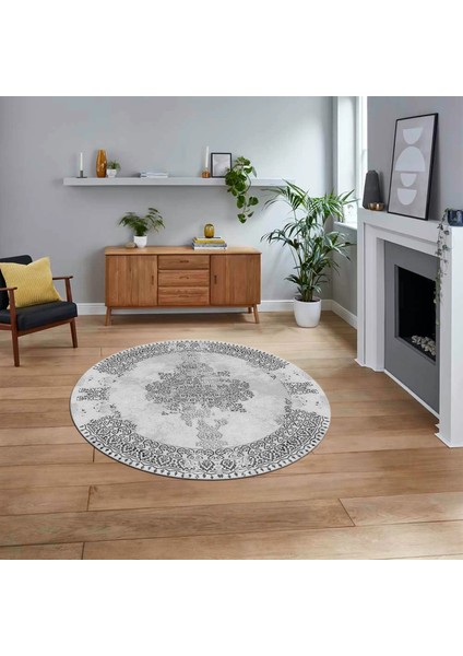 Dijital Kaymaz Taban Yıkanabilir Yuvarlak Klasik Desen Mutfak Salon Halısı, V-Y-Klasik-22-Gri,