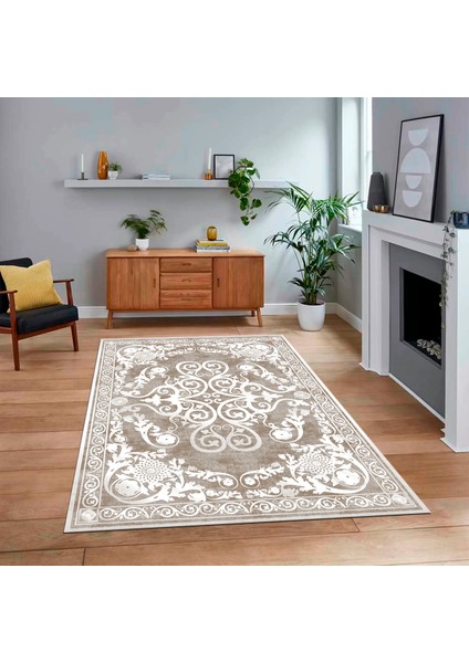 Dijital Baskılı Kaymaz Taban Yıkanabilir Klasik Desen Yolluk Salon Halısı, V-Klasik-09-Kahve,
