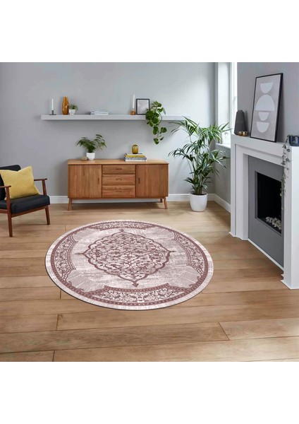 Dijital Kaymaz Taban Yıkanabilir Yuvarlak Klasik Desen Mutfak Salon Halısı, V-Y-Klasik-15-Pembe,