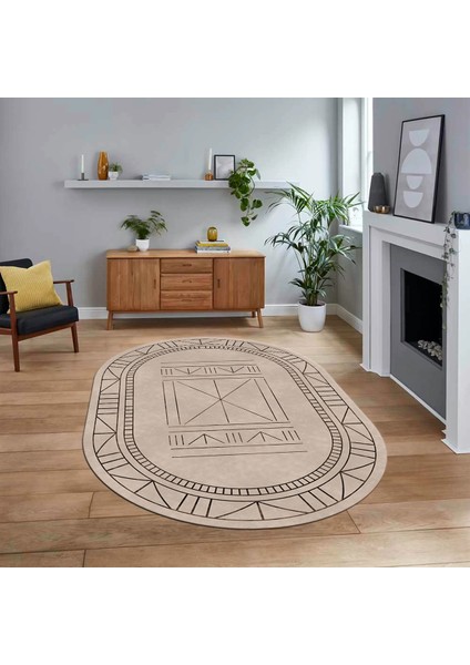 Dijital Kaymaz Yıkanabilir Oval Iskandinav Desen Yolluk Salon Halısı, V-O-Iskandinav-09-Bej,