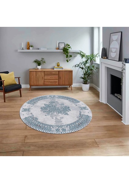 Dijital Kaymaz Taban Yıkanabilir Yuvarlak Klasik Desen Mutfak Salon Halısı, V-Y-Klasik-22-Mavi,