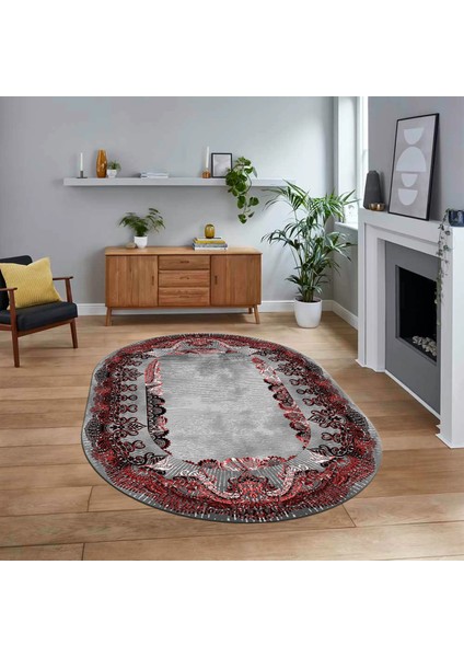 Dijital Kaymaz Taban Yıkanabilir Oval Klasik Desen Yolluk Salon Halısı, V-O-Klasik-08-Bordo,