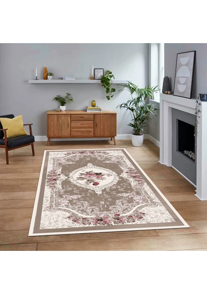 Dijital Baskılı Kaymaz Taban Yıkanabilir Klasik Desen Yolluk Salon Halısı, V-Klasik-16-Kahve,