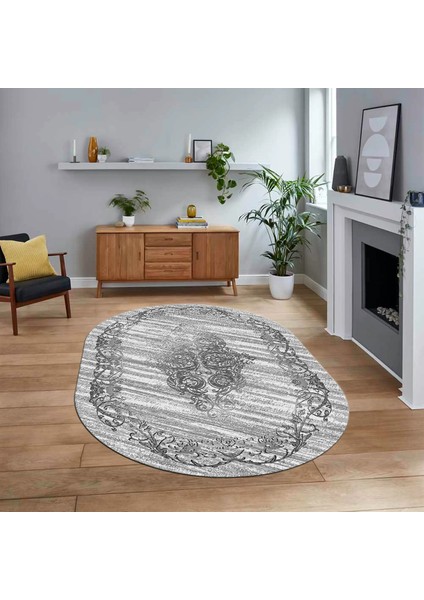 Dijital Kaymaz Taban Yıkanabilir Oval Klasik Desen Yolluk Salon Halısı, V-O-Klasik-11-Gri,