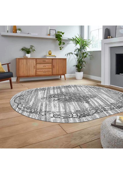Dijital Kaymaz Taban Yıkanabilir Oval Klasik Desen Yolluk Salon Halısı, V-O-Klasik-11-Gri,