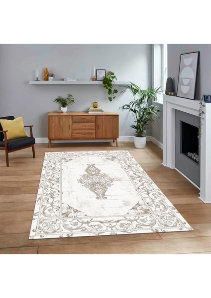 Dijital Baskılı Kaymaz Taban Yıkanabilir Klasik Desen Yolluk Salon Halısı, V-Klasik-28-Krem,