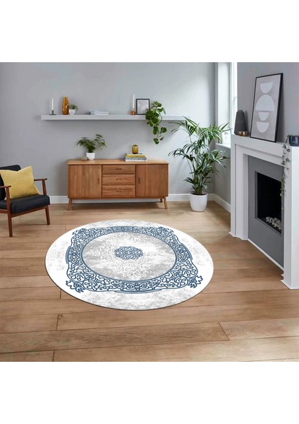 Dijital Kaymaz Taban Yıkanabilir Yuvarlak Klasik Desen Mutfak Salon Halısı, V-Y-Klasik-20-Mavi,
