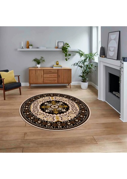 Dijital Kaymaz Taban Yıkanabilir Yuvarlak Klasik Desen Mutfak Salon Halısı, V-Y-Klasik-27-Kahve,