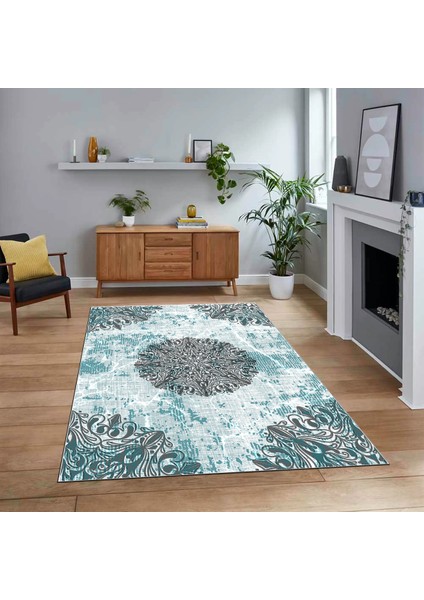 Dijital Baskılı Kaymaz Taban Yıkanabilir Klasik Desen Yolluk Salon Halısı, V-Klasik-19-Mavi,