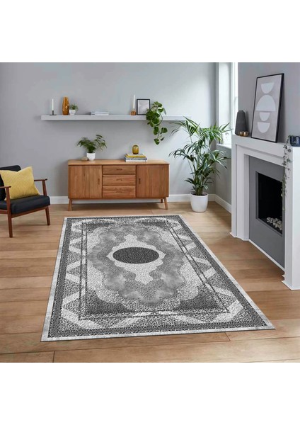 Dijital Baskılı Kaymaz Taban Yıkanabilir Klasik Desen Yolluk Salon Halısı, V-Klasik-24-Gri,