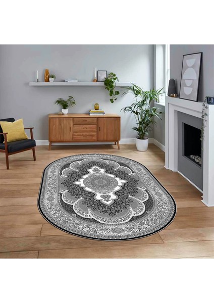 Dijital Kaymaz Taban Yıkanabilir Oval Klasik Desen Yolluk Salon Halısı, V-O-Klasik-02-Antrasit,