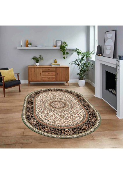 Dijital Kaymaz Taban Yıkanabilir Oval Klasik Desen Yolluk Salon Halısı, V-O-Klasik-21-Krem,