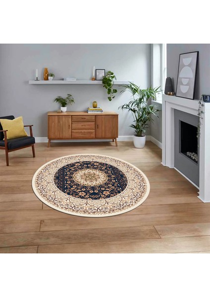 Dijital Kaymaz Taban Yıkanabilir Yuvarlak Klasik Desen Mutfak Salon Halısı, V-Y-Klasik-14-Krem,