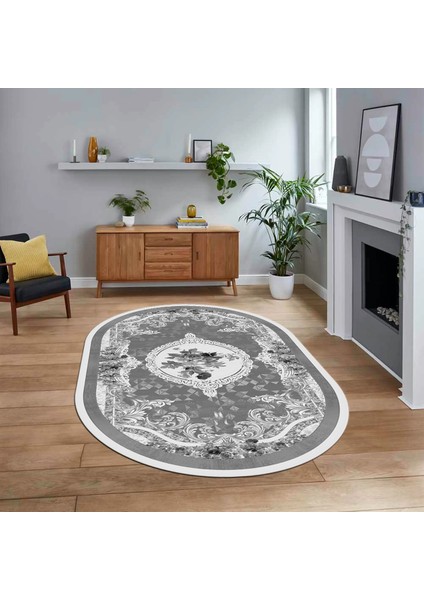 Dijital Kaymaz Taban Yıkanabilir Oval Klasik Desen Yolluk Salon Halısı, V-O-Klasik-16-Gri,