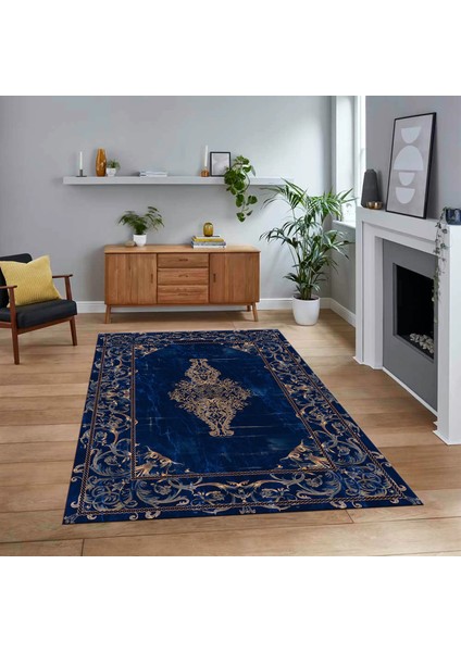 Dijital Baskılı Kaymaz Taban Yıkanabilir Klasik Desen Yolluk Salon Halısı, V-Klasik-28-Mavi,