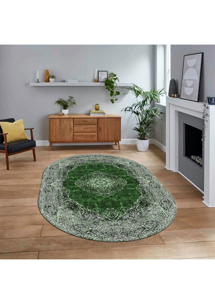 Dijital Kaymaz Taban Yıkanabilir Oval Klasik Desen Yolluk Salon Halısı, V-O-Klasik-07-Yeşil,