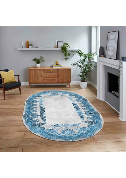 Dijital Kaymaz Taban Yıkanabilir Oval Klasik Desen Yolluk Salon Halısı, V-O-Klasik-08-Mavi,
