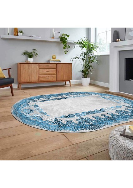Dijital Kaymaz Taban Yıkanabilir Oval Klasik Desen Yolluk Salon Halısı, V-O-Klasik-08-Mavi, fiyatları