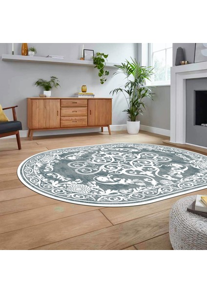 Dijital Kaymaz Taban Yıkanabilir Oval Klasik Desen Yolluk Salon Halısı, V-O-Klasik-09-Mavi, fiyatları