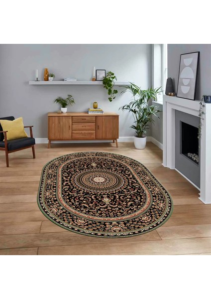 Dijital Kaymaz Taban Yıkanabilir Oval Klasik Desen Yolluk Salon Halısı, V-O-Klasik-21-Siyah,