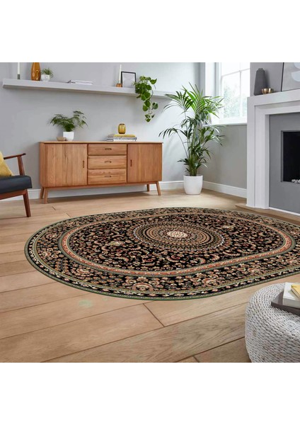 Dijital Kaymaz Taban Yıkanabilir Oval Klasik Desen Yolluk Salon Halısı, V-O-Klasik-21-Siyah, fiyatları