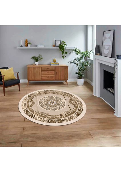 Dijital Kaymaz Taban Yıkanabilir Yuvarlak Klasik Desen Mutfak Salon Halısı, V-Y-Klasik-17-Kahve,