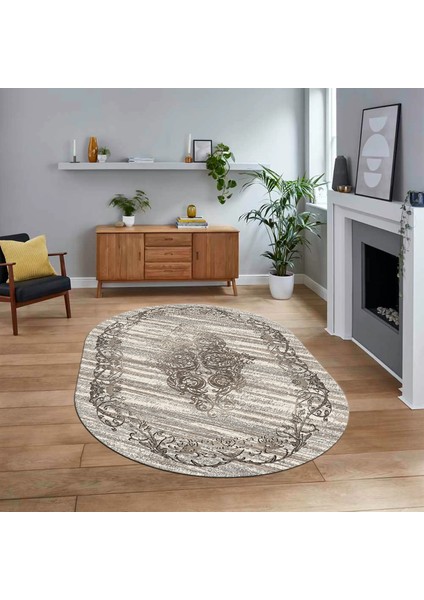 Dijital Kaymaz Taban Yıkanabilir Oval Klasik Desen Yolluk Salon Halısı, V-O-Klasik-11-Bej,