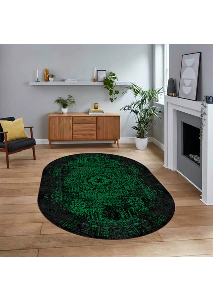 Dijital Kaymaz Taban Yıkanabilir Oval Klasik Desen Yolluk Salon Halısı, V-O-Klasik-12-Yeşil,