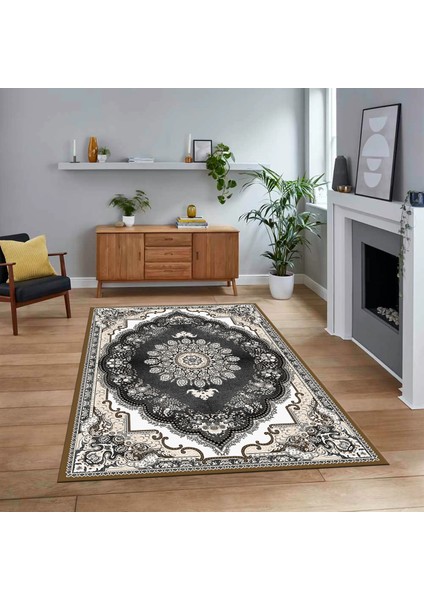Dijital Baskılı Kaymaz Taban Yıkanabilir Klasik Desen Yolluk Salon Halısı, V-Klasik-13-Krem,