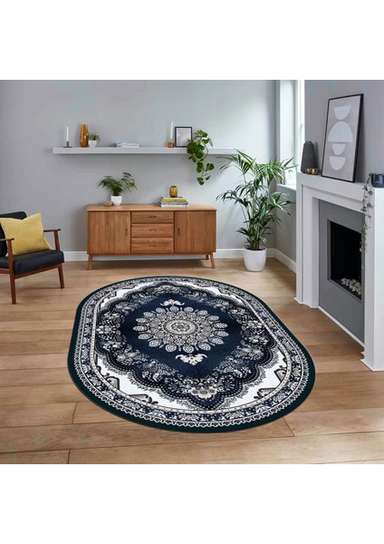 Dijital Kaymaz Taban Yıkanabilir Oval Klasik Desen Yolluk Salon Halısı, V-O-Klasik-13-Mavi,