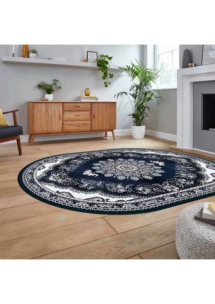 Dijital Kaymaz Taban Yıkanabilir Oval Klasik Desen Yolluk Salon Halısı, V-O-Klasik-13-Mavi, fiyatları